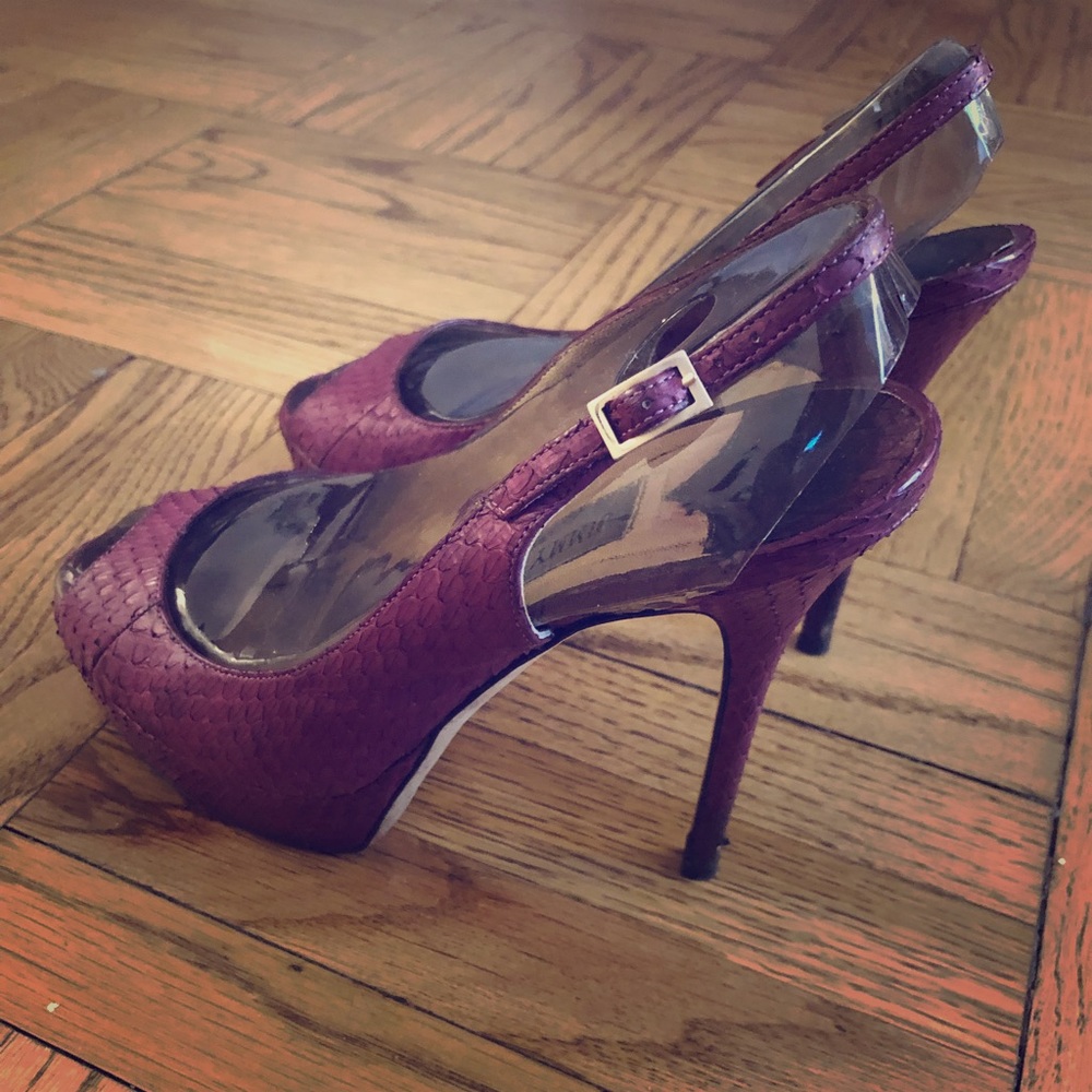 Jimmy Choo plum snake skin sling back pumps